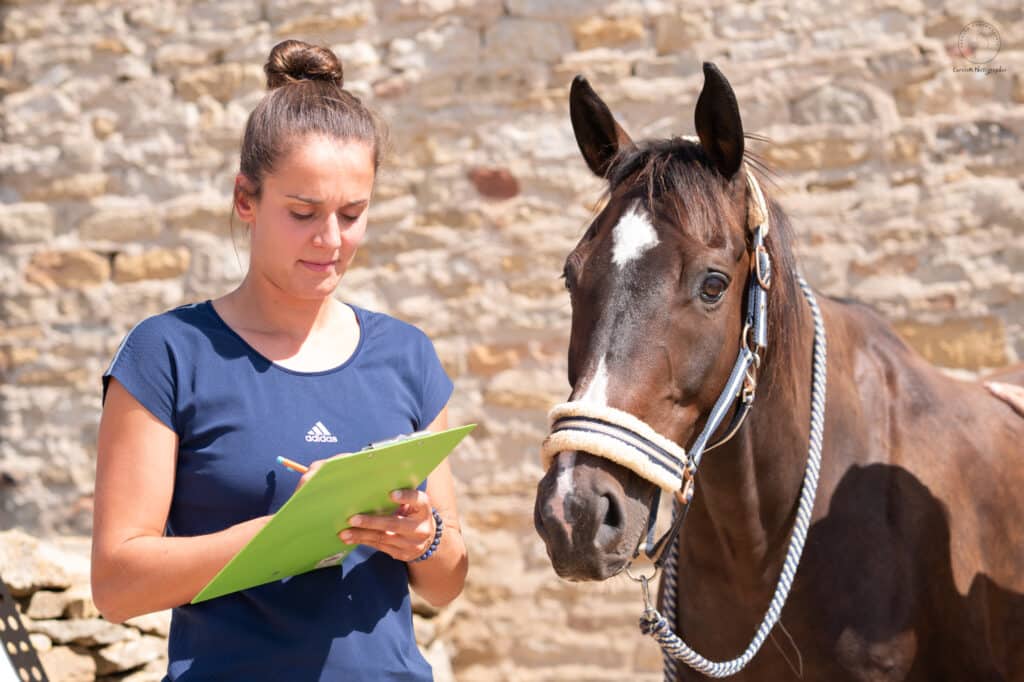 Photo de Camille prenant des notes en se tenant à côté d'un cheval qui regarde l'objectif